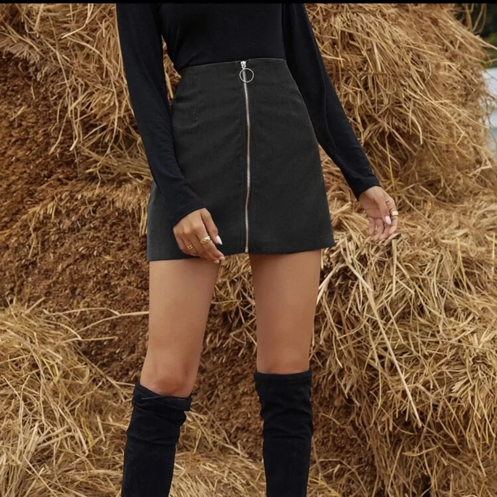 Corduroy zip up o ring mini skirt fall winter boho tiktok trendy light green - Picture 10 of 12